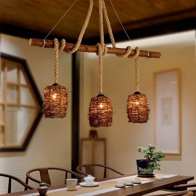 Asian Style Molecule Island Lighting 3 Lights Brown Rope Cylinder Shape Kitchen Bar Pendant Lamp