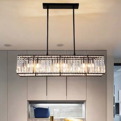Black Rectangular Chandelier Modern 4 Heads Crystal Pendant Lighting for Dining Room