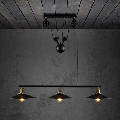Industrial Style 3 Lights Metal Island Pendant Light Pulley Black Finish Island Light for Dining Room
