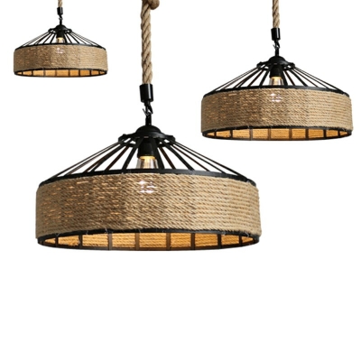 Industrial Style Caged Pendant Light Natural Rope 1 Light Hanging Lamp in Black