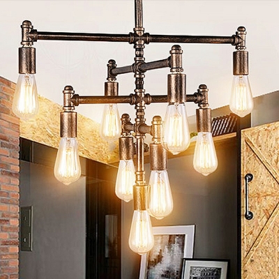 Industrial Style Tubes Restaurant Suspender Chandelier Rust Wrought Iron 9 Lights Pipe Hanging Pendant Light
