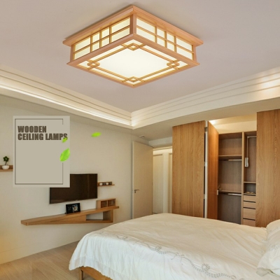 LED Bedroom Flush Mount Asian Wood Ceiling Mounted Light with Drum Bamboo Shade