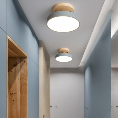 Nordic Style Round Metal Semi Flushmount LED Flush Mount Ceiling Light with Wood Canopy