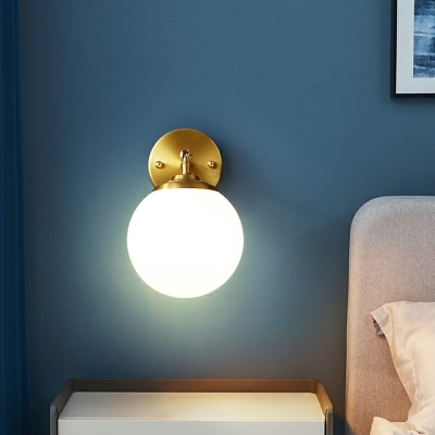 Postmodern Single Wall Hanging Light Gold Ball Wall Lamp with White Glass Shade for Bedroom