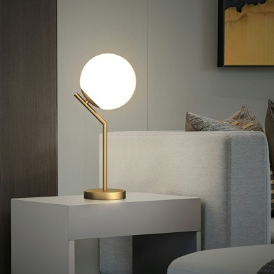 Simplistic Sphere Desk Light White Glass 1 Bulb Bedroom Night Table Lamps with Metallic Base