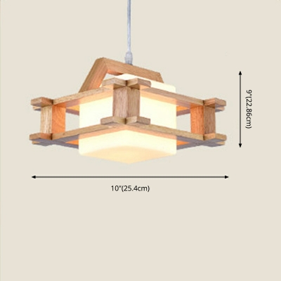 1-Light Living Room Hanging Lamp Modern Wood Pendant Light Kit with Opal Glass Shade