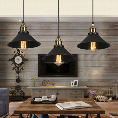 1 Light Saucer Hanging Lights Farmhouse Style Metal Pendant Light Fixtures With Rod in Black