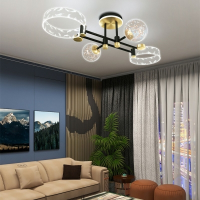 Contemporary Ceiling Light Ring and Globe with Feather Pattern LED Light Flush-Mount Ceiling Light