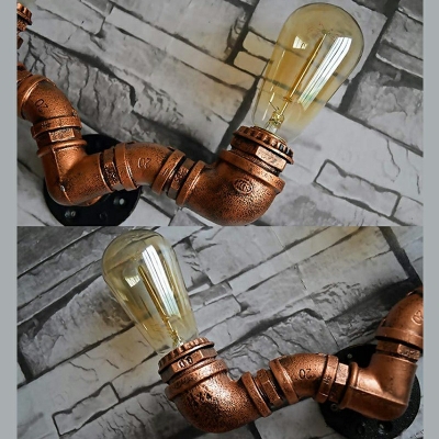 Curved Pipe Double Wall Sconce Industrial-Style Metal Wall Mounted Light Fixture in Brown
