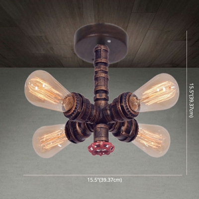 Industrial 4 Light Semi-Flush Ceiling Light with Valve Pipe Style in Copper