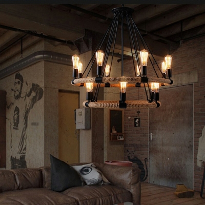 Industrial Retro Style Hemp Rope Chandelier Light Black Sitting Room Ceiling Pendant Light