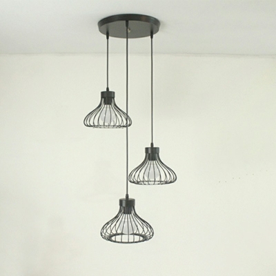 Industrial Style Cage Shaped Multi-Light Pendant Light Metal 3 Light Hanging Lamp