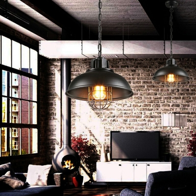 Industrial Style Caged Bar Restaurant Pendant Ceiling Lights Single Bulb Black Metal Hanging Light