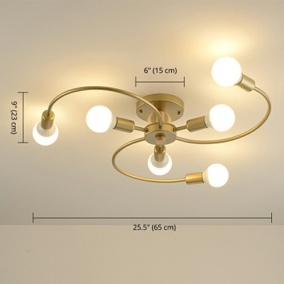 Industrial Style Sputnik Shaped Semi Flush Mount Light Metal 6 Light Ceiling Light for Bedroom