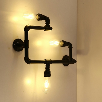 3 Lights Industrial Water Pipe Wall Light Metal Sconces Black Wall Lamp Lighting