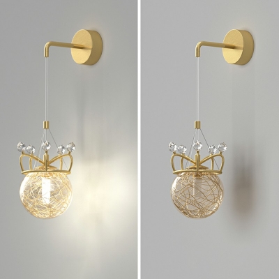 Minimalist 1-Head Gold Armed Wall Sconce Double Crown and Glass Wall Mount Ball Lamp