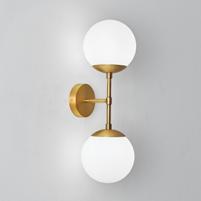Minimalist Brass Armed Wall Sconce Double Milky Glass Wall Mount Ball Lamp for Bedroom
