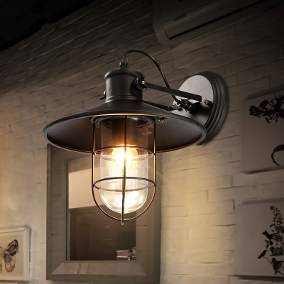 Nautical Style Railroad Shade Sconce with Wire Guard Metal Single Bulb Wall Sconce in Black