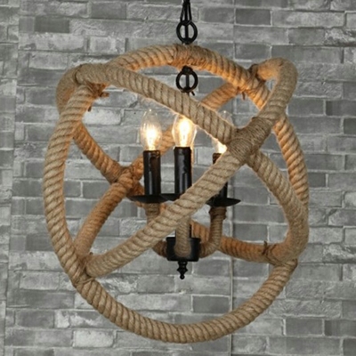 3 Lights Rope Suspension Light Beige Ring Hanging Lamp Loft Pendant Chandelier for Dining Room