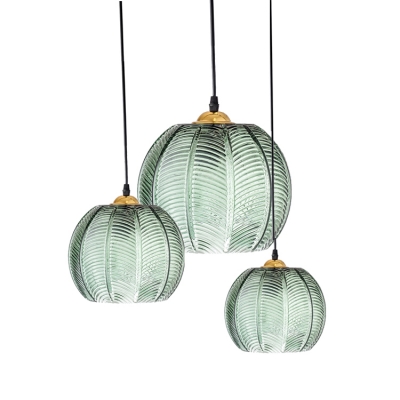 Modern Style Pumpkin Shape Hanging Light 1 Bulb Ribbed Glass Dining Room Ceiling Light in Green