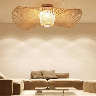 Asian Style 1-Light Bamboo Shade Semi Flush Mount Sputnik Ceiling Light for Sitting Room