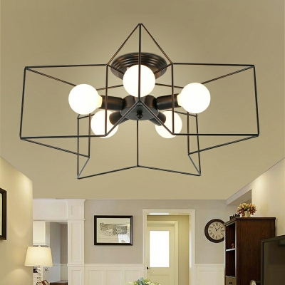 Industrial Style Star Shaped Semi Flush Mount Light Metal 5 Light Ceiling Light
