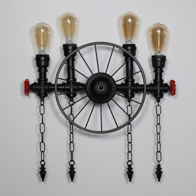 Industrial Style Wheel Pipe Shaped Wall Lamp Metal 4 Light Wall Light in Black for Restaurant