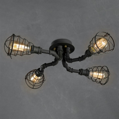 Pipe Armed Surface Mount Light with Metal Cage Industrial Ceiling Flush Mount