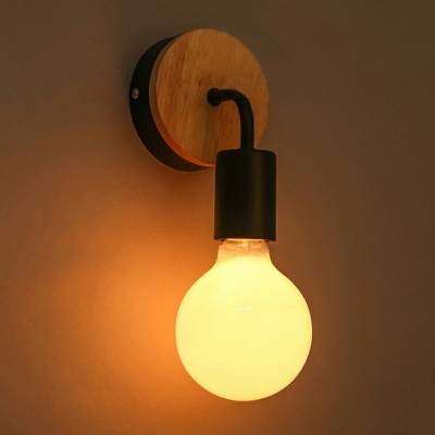 Single Light Simplicity Wooden Backplate with Open Bulb Design Cafe Shop Restaurant Wall Sconce