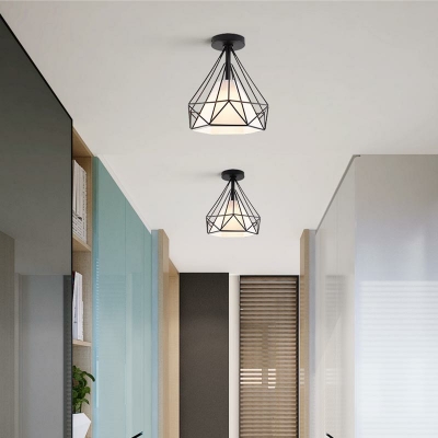 1-Light Flush Mount Ceiling Fixture Black Flush-Mount Cage Lamp Industrial Lighting