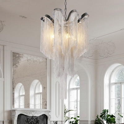 4 Bulbs Metal Chain Chandelier Lighting Art Deco Aluminum Shade Pendant Light for Living Room
