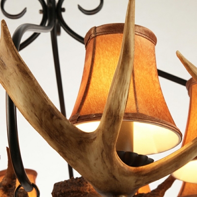 4 Lights Curved Arm Chandelier Beige Fabric Shade Lighting Tapered Ceiling Light Fixture Antlers in Brown
