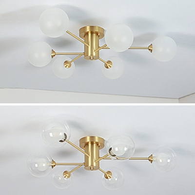 Gold Radial Semi Flushmount Lighting Minimalist Metal Flush Lamp Fixture with Globe Glass