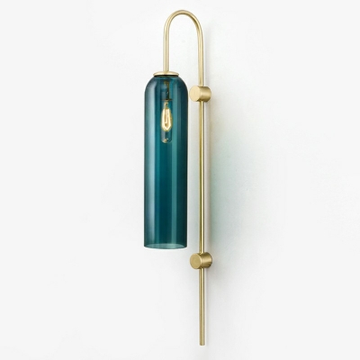 Green Glass Elongated Tube Sconce Mid Century 1-Light Wall Mounted Lamp with Gooseneck Arm in Gold