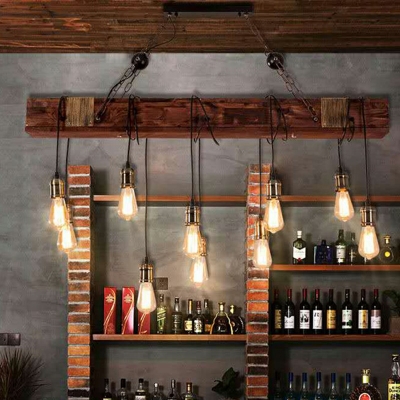 Industrial Black Design Wooden 10-Bulb Island Light Coffee Shop Hanging Lamp