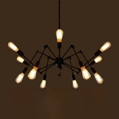 Industrial Style Spider Shaped Chandelier Metal 12 Light Chandelier in Black for Living Room