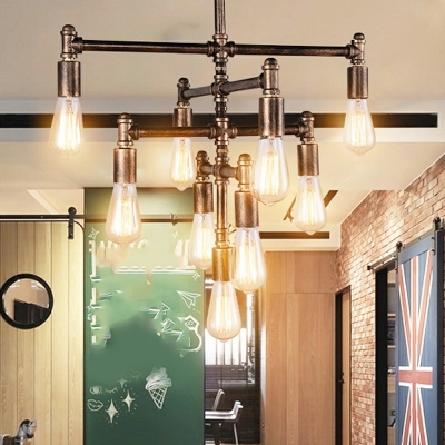 Industrial Style Tubes Restaurant Suspender Chandelier Rust Wrought Iron 9 Lights Pipe Hanging Pendant Light