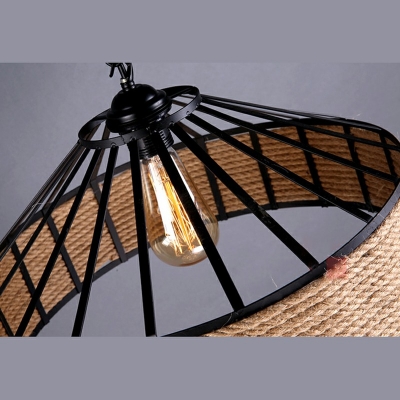 Industrial Yurt Shape Pendant Light 1 Light in Black Hanging Lamp with Hemp Rope for Restaurant