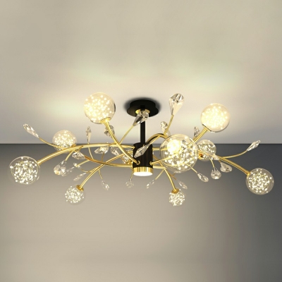 Minimalistic Simple Clear Glass Semi Flush Light with Crystal Twig Ceiling Mounted Chandelier