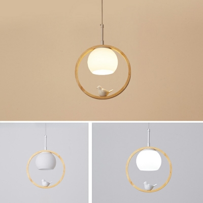 Nordic Style Ring Hanging Light Wood Glass Globe Minimalisma Pendant Light for Bedside