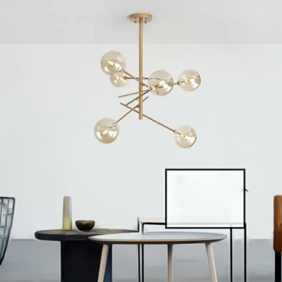 Post-Modern Hanging Chandelier Light 6 Bulb Amber Glass Shade Ceiling Chandelier in Gold