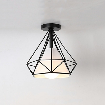Diamond Cage Semi Flush Mount Light Industrial 1 Head Iron Ceiling Light for Living Room