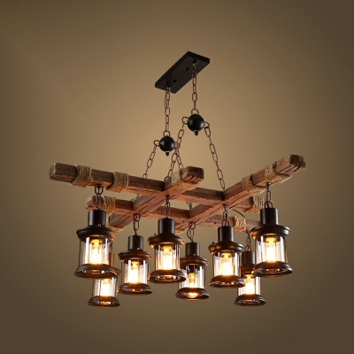 Industrial Style Cylinder Chandelier Light  8 Lights Wood Suspension Pendant Light for Coffee Shop Restaurant