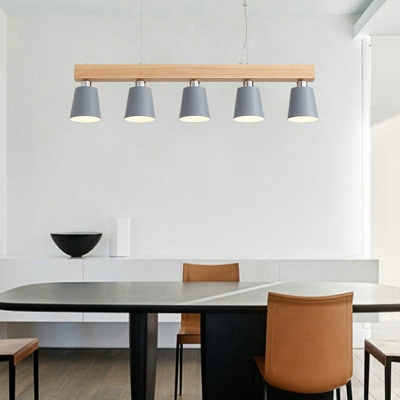 Island Light Fixture 5 Lights Modern Metal and Wood Shade Hanging Ceiling Light for Kitchen