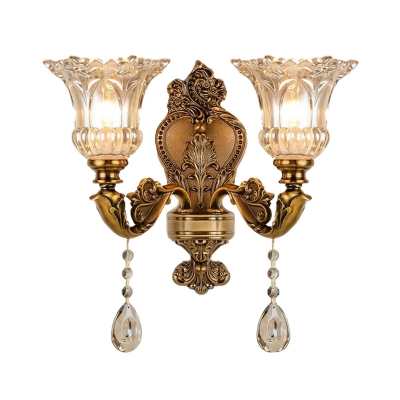1/2  Bulbs Wall Scone Traditional Style Floral Crystal Wall Mount Lamp in Brass