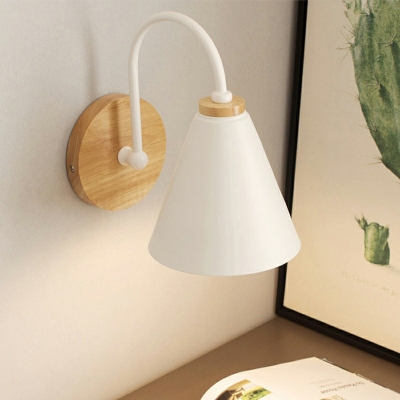Kid's Bedroom Iron Shade Wall Sconce Flared Shaped Wooden Backplate 1-Head Wall Lantern with Arc Arm