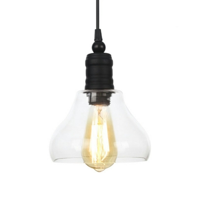 Metal Hanging Lamp Rustic Single-Bulb Bistro Ceiling Pendant Light Clear Glass in Black