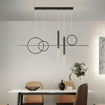 Minimalist Metal LED Hanging Light for Dining Room 6-Bulb Ring and Bar Shaped Island Lighting