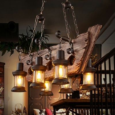 Wood Ship Chandelier Lamp Nautical 6-Light Dining Room Hanging Pendant with Kerosene Lampshade
