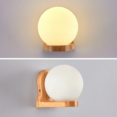 Wooden Spherical LED Wall Sconce 1 Head Minimalist Wall Mounted Lamp with White Glass